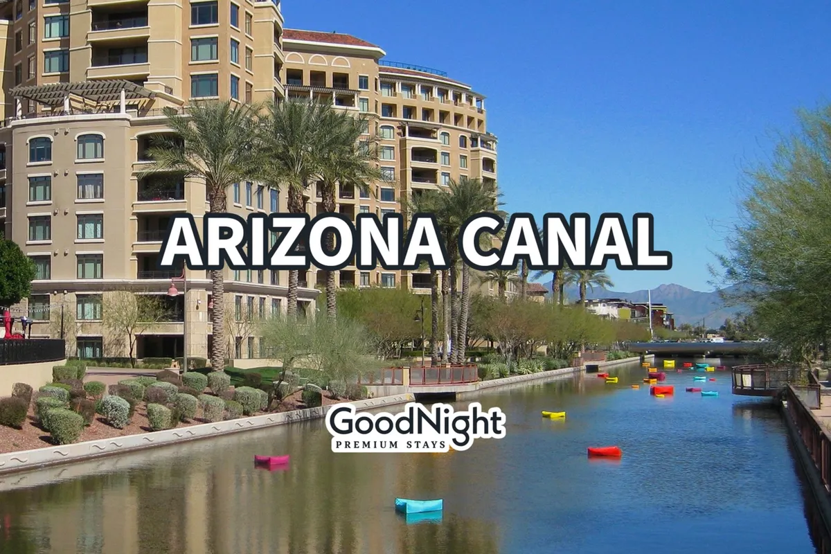 This exterior image highlights the Arizona Canal lined with colorful kayaks, palm trees, and residential buildings. The cheerful, leisurely scene underscores the area’s unique outdoor activities and scenic community environment, inviting residents to enjoy both relaxation and recreation.